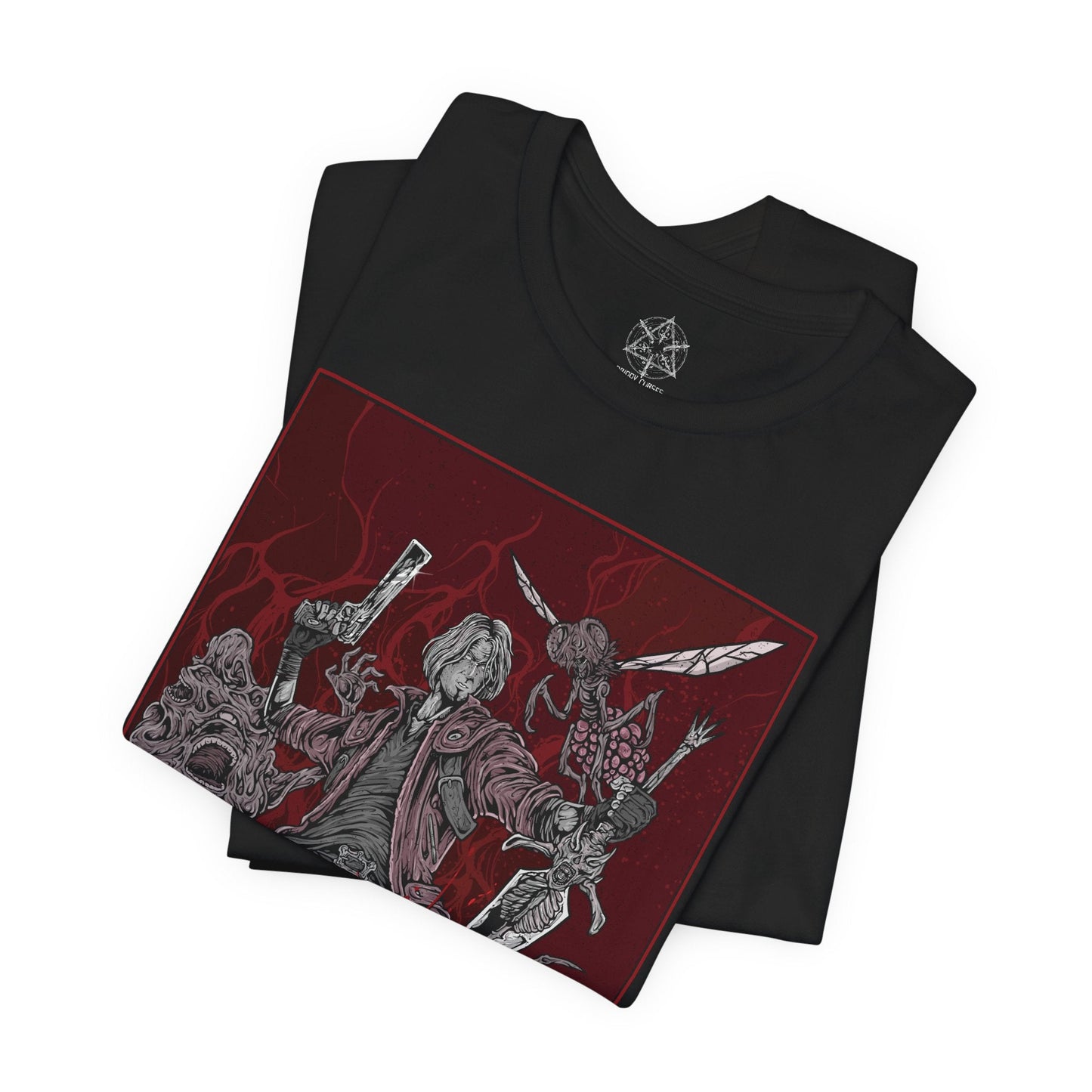 Image 5 of a T-Shirt design of Dante from Devil May Cry 5, standing amid a storm of demonic energy with Rebellion in hand and Ebony & Ivory at the ready. His iconic red coat flows through the chaos as embers and hellish power surround him. The design captures Dante’s cocky confidence, unmatched combat skill, and relentless role as a demon hunter facing the forces of the underworld.