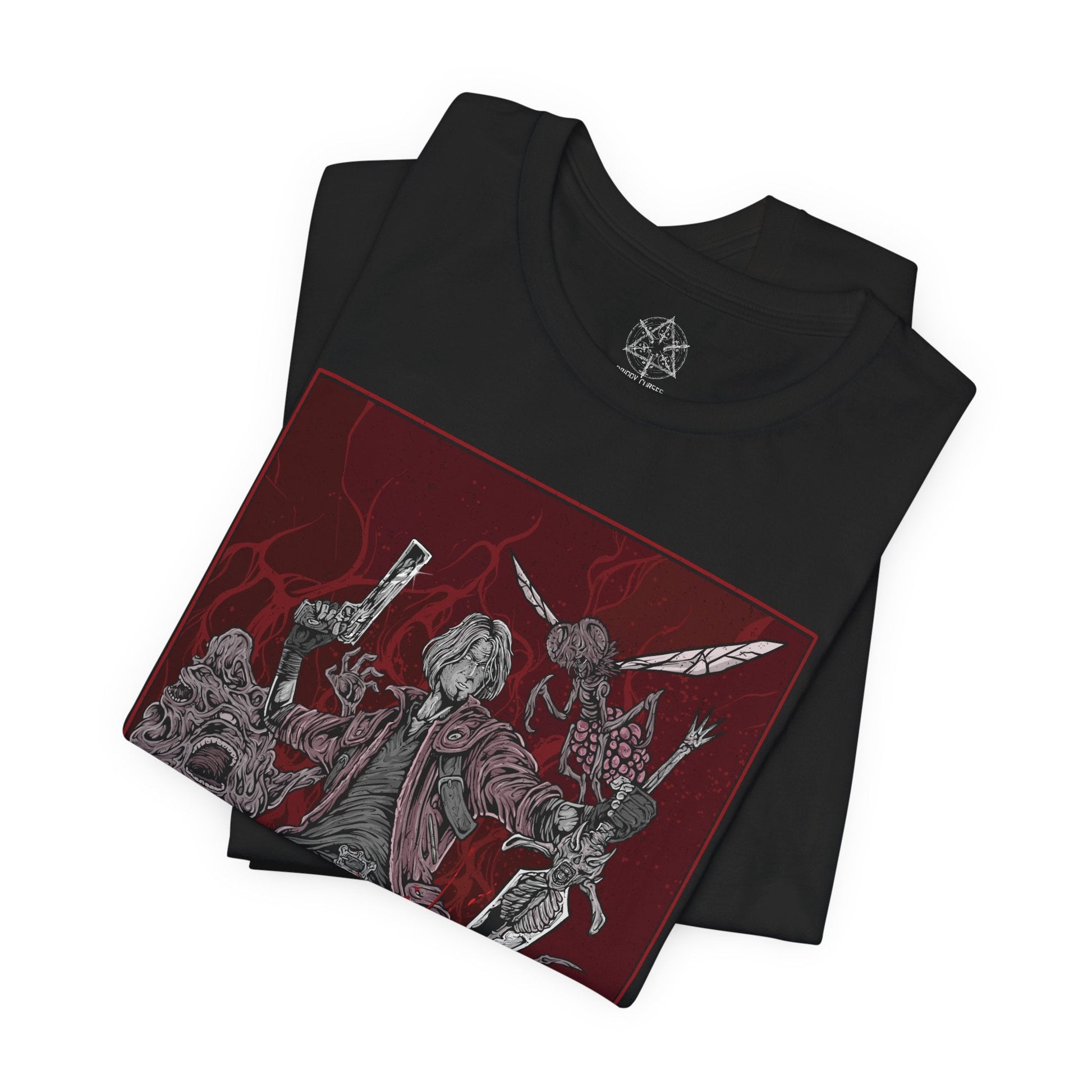 Image 5 of a T-Shirt design of Dante from Devil May Cry 5, standing amid a storm of demonic energy with Rebellion in hand and Ebony & Ivory at the ready. His iconic red coat flows through the chaos as embers and hellish power surround him. The design captures Dante’s cocky confidence, unmatched combat skill, and relentless role as a demon hunter facing the forces of the underworld.