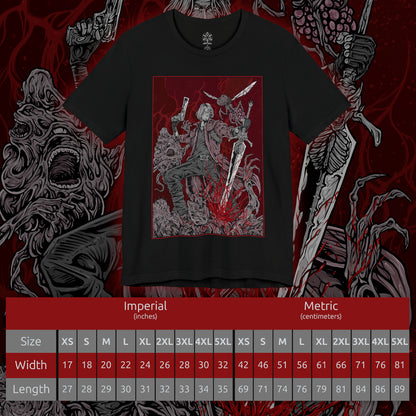 Size chart of a T-Shirt design of Dante from Devil May Cry 5, standing amid a storm of demonic energy with Rebellion in hand and Ebony & Ivory at the ready. His iconic red coat flows through the chaos as embers and hellish power surround him. The design captures Dante’s cocky confidence, unmatched combat skill, and relentless role as a demon hunter facing the forces of the underworld.