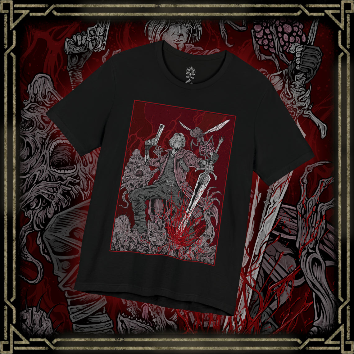 Thumbnail of a T-Shirt design of Dante from Devil May Cry 5, standing amid a storm of demonic energy with Rebellion in hand and Ebony & Ivory at the ready. His iconic red coat flows through the chaos as embers and hellish power surround him. The design captures Dante’s cocky confidence, unmatched combat skill, and relentless role as a demon hunter facing the forces of the underworld.