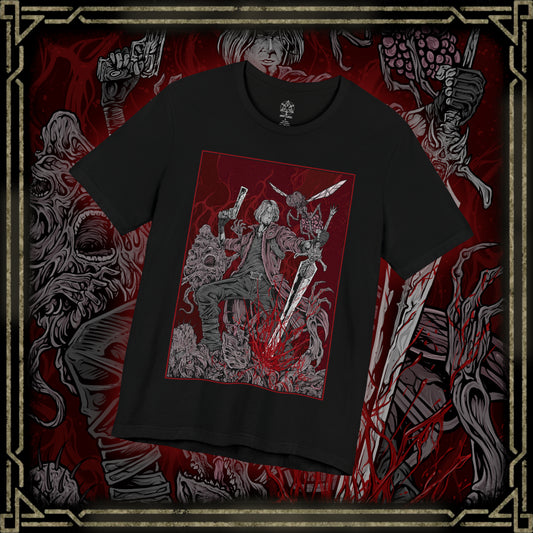 Thumbnail of a T-Shirt design of Dante from Devil May Cry 5, standing amid a storm of demonic energy with Rebellion in hand and Ebony & Ivory at the ready. His iconic red coat flows through the chaos as embers and hellish power surround him. The design captures Dante’s cocky confidence, unmatched combat skill, and relentless role as a demon hunter facing the forces of the underworld.