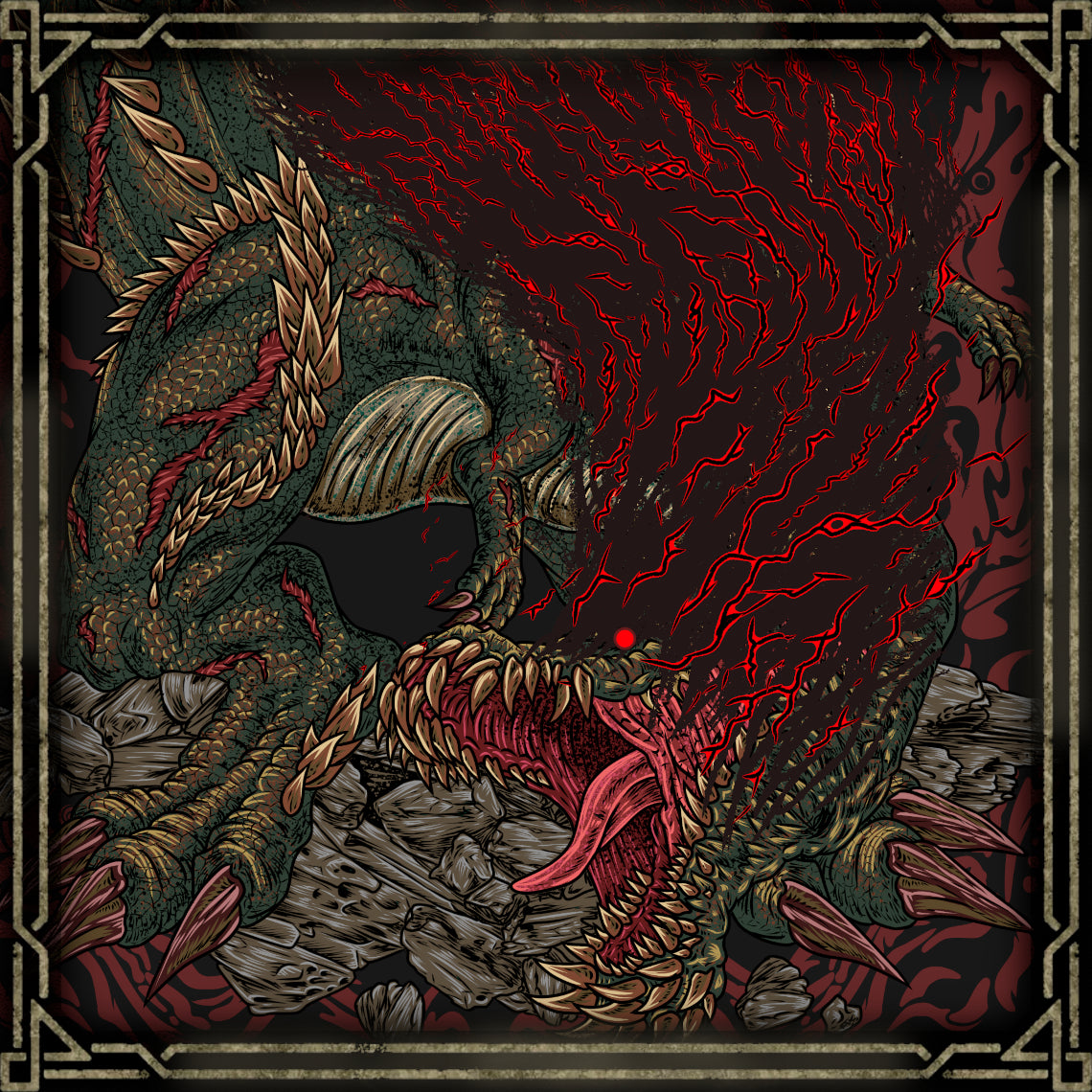 Artwork of Deviljho the World Eater. Savage Deviljho is the enraged, hyper-aggressive form of Deviljho in the Monster Hunter. Driven by insatiable hunger, it releases volatile dragon energy from its body, amplifying its already devastating attacks. This variant represents pure chaos, roaming ecosystems and consuming anything in its path.