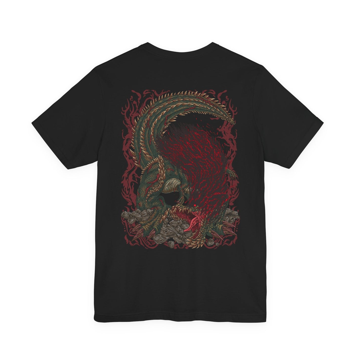 Image 5 of a T-Shirt artwork depicting Savage Deviljho mid-rampage, its body pulsing with volatile dragon element as the ground shatters beneath its crushing steps. Energy bursts from its chest and maw while debris and smoke fill the air. This design reflects its unstable transformation, showcasing overwhelming aggression, relentless pursuit, and the terrifying strength of a monster pushed beyond natural limits.