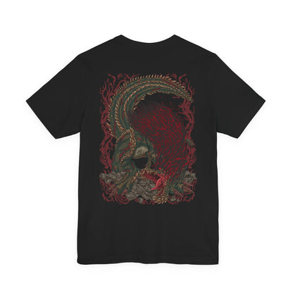 Image 5 of a T-Shirt artwork depicting Savage Deviljho mid-rampage, its body pulsing with volatile dragon element as the ground shatters beneath its crushing steps. Energy bursts from its chest and maw while debris and smoke fill the air. This design reflects its unstable transformation, showcasing overwhelming aggression, relentless pursuit, and the terrifying strength of a monster pushed beyond natural limits.