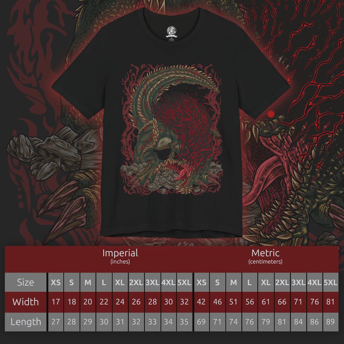 Size chart of a T-Shirt artwork depicting Savage Deviljho mid-rampage, its body pulsing with volatile dragon element as the ground shatters beneath its crushing steps. Energy bursts from its chest and maw while debris and smoke fill the air. This design reflects its unstable transformation, showcasing overwhelming aggression, relentless pursuit, and the terrifying strength of a monster pushed beyond natural limits.