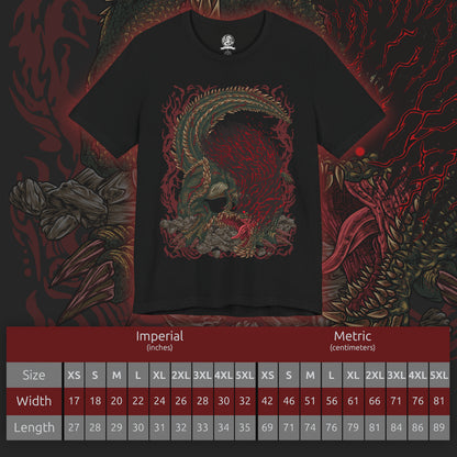 Size chart of a T-Shirt artwork depicting Savage Deviljho mid-rampage, its body pulsing with volatile dragon element as the ground shatters beneath its crushing steps. Energy bursts from its chest and maw while debris and smoke fill the air. This design reflects its unstable transformation, showcasing overwhelming aggression, relentless pursuit, and the terrifying strength of a monster pushed beyond natural limits.