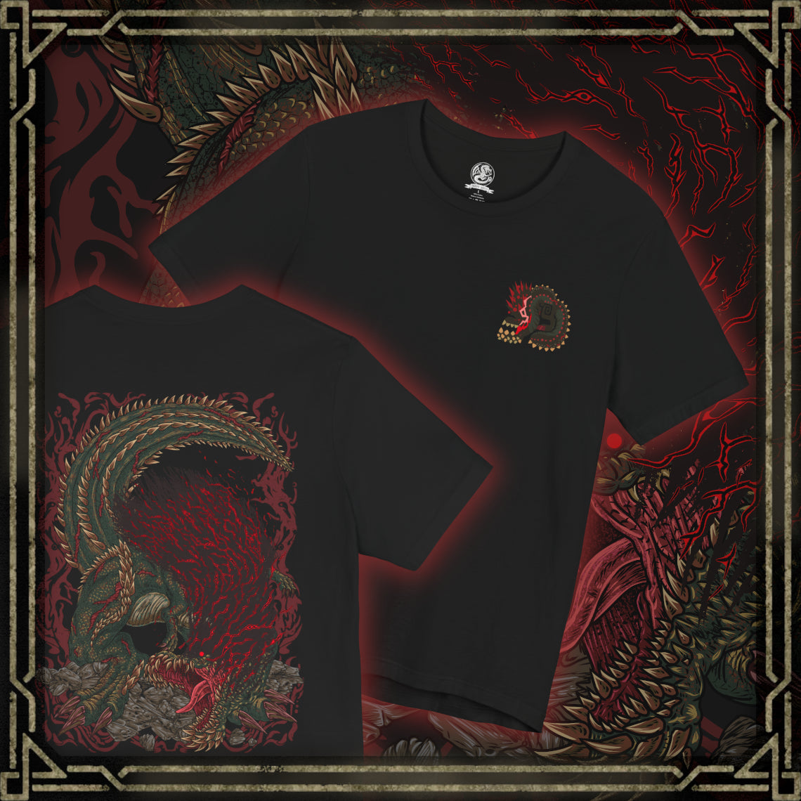 Thumbnail of a T-Shirt artwork depicting Savage Deviljho mid-rampage, its body pulsing with volatile dragon element as the ground shatters beneath its crushing steps. Energy bursts from its chest and maw while debris and smoke fill the air. This design reflects its unstable transformation, showcasing overwhelming aggression, relentless pursuit, and the terrifying strength of a monster pushed beyond natural limits.