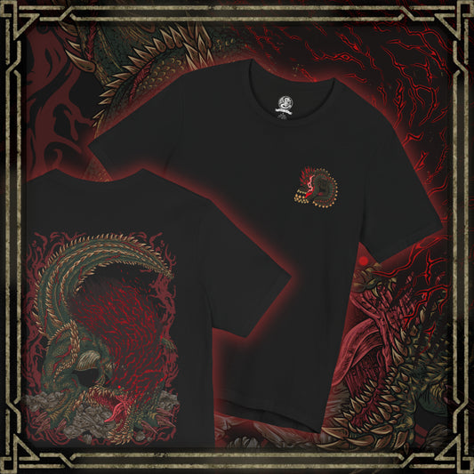 Thumbnail of a T-Shirt artwork depicting Savage Deviljho mid-rampage, its body pulsing with volatile dragon element as the ground shatters beneath its crushing steps. Energy bursts from its chest and maw while debris and smoke fill the air. This design reflects its unstable transformation, showcasing overwhelming aggression, relentless pursuit, and the terrifying strength of a monster pushed beyond natural limits.