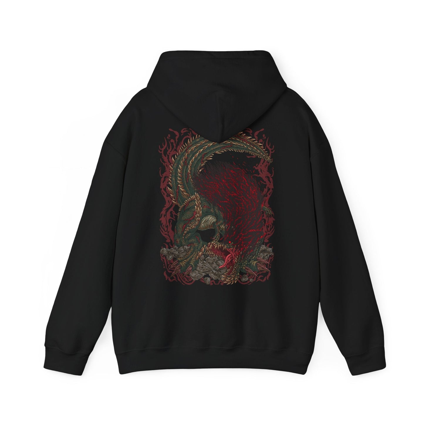 Image 5 of a Hooded Sweatshirt of Savage Deviljho towering over a ruined landscape, its glowing veins radiating chaotic energy as it prepares to unleash a devastating blast. Dark clouds swirl overhead while shattered stone surrounds its massive frame. The composition emphasizes brutality, insatiable hunger, and the overwhelming presence of one of Monster Hunter’s most feared apex predators.