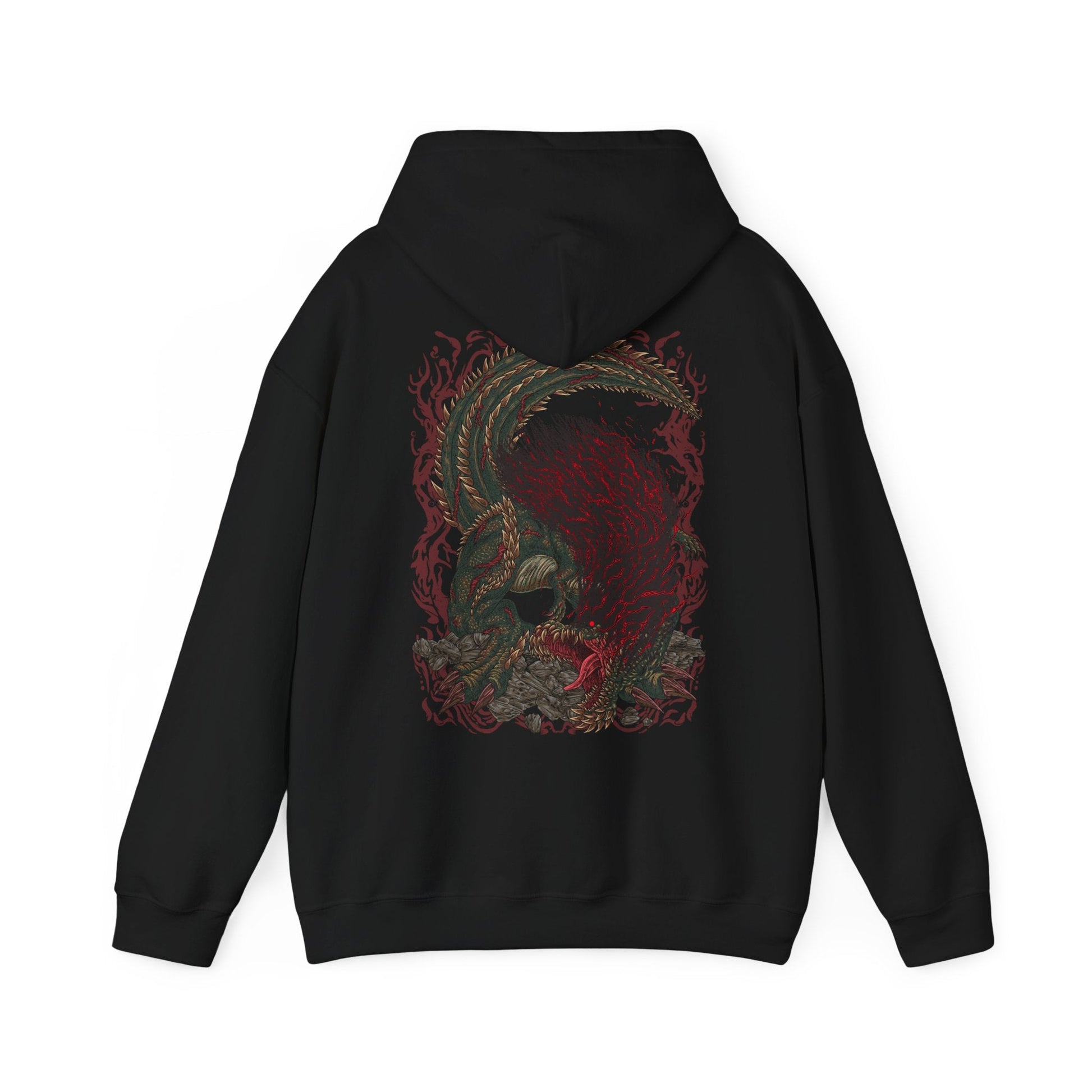 Image 5 of a Hooded Sweatshirt of Savage Deviljho towering over a ruined landscape, its glowing veins radiating chaotic energy as it prepares to unleash a devastating blast. Dark clouds swirl overhead while shattered stone surrounds its massive frame. The composition emphasizes brutality, insatiable hunger, and the overwhelming presence of one of Monster Hunter’s most feared apex predators.