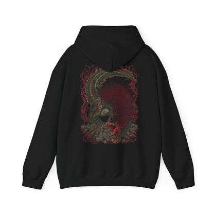 Image 5 of a Hooded Sweatshirt of Savage Deviljho towering over a ruined landscape, its glowing veins radiating chaotic energy as it prepares to unleash a devastating blast. Dark clouds swirl overhead while shattered stone surrounds its massive frame. The composition emphasizes brutality, insatiable hunger, and the overwhelming presence of one of Monster Hunter’s most feared apex predators.
