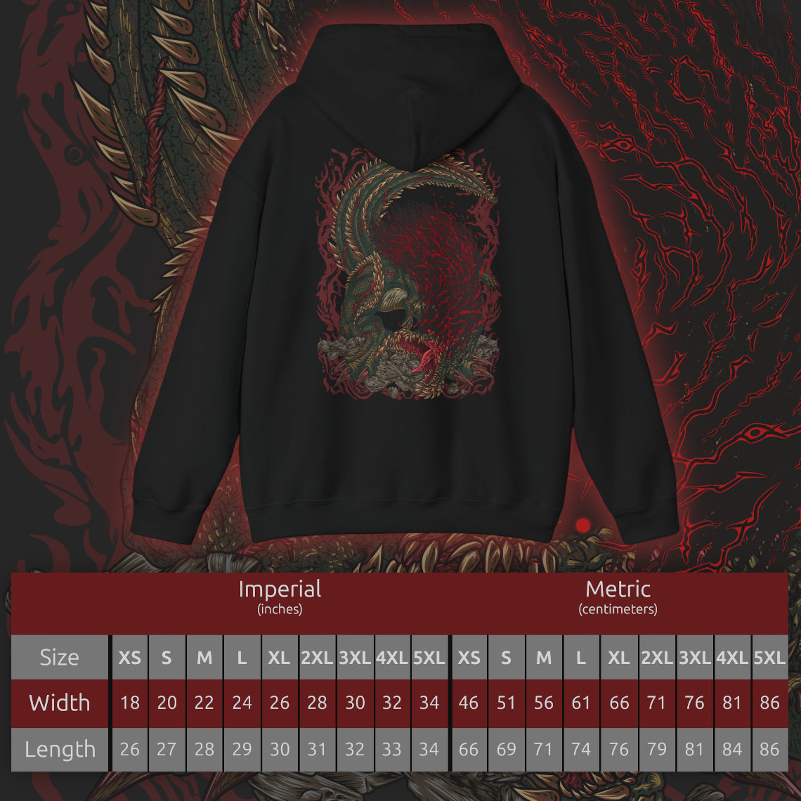 Size chart of a Hooded Sweatshirt of Savage Deviljho towering over a ruined landscape, its glowing veins radiating chaotic energy as it prepares to unleash a devastating blast. Dark clouds swirl overhead while shattered stone surrounds its massive frame. The composition emphasizes brutality, insatiable hunger, and the overwhelming presence of one of Monster Hunter’s most feared apex predators.