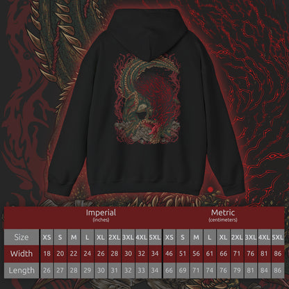 Size chart of a Hooded Sweatshirt of Savage Deviljho towering over a ruined landscape, its glowing veins radiating chaotic energy as it prepares to unleash a devastating blast. Dark clouds swirl overhead while shattered stone surrounds its massive frame. The composition emphasizes brutality, insatiable hunger, and the overwhelming presence of one of Monster Hunter’s most feared apex predators.