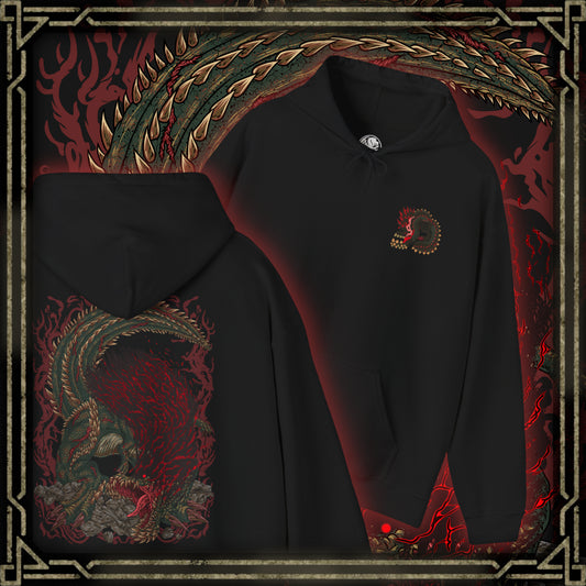 Thumbnail of a Hooded Sweatshirt of Savage Deviljho towering over a ruined landscape, its glowing veins radiating chaotic energy as it prepares to unleash a devastating blast. Dark clouds swirl overhead while shattered stone surrounds its massive frame. The composition emphasizes brutality, insatiable hunger, and the overwhelming presence of one of Monster Hunter’s most feared apex predators.