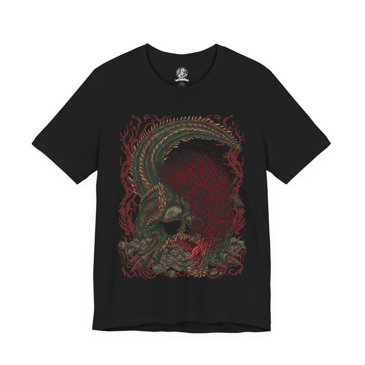 Image 4 of a T-Shirt design of Savage Deviljho from Monster Hunter, the hyper-aggressive brute wyvern raging across a devastated battlefield as dragon energy erupts violently from its body. Its scarred green hide is split with glowing fissures while its massive jaws stretch wide in a feral roar. The design captures its uncontrollable hunger, mutated power, and the raw destruction left in its wake.
