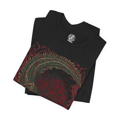 Image 5 of a T-Shirt design of Savage Deviljho from Monster Hunter, the hyper-aggressive brute wyvern raging across a devastated battlefield as dragon energy erupts violently from its body. Its scarred green hide is split with glowing fissures while its massive jaws stretch wide in a feral roar. The design captures its uncontrollable hunger, mutated power, and the raw destruction left in its wake.