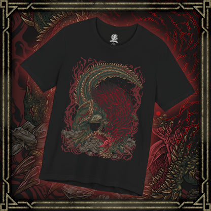 Thumbnail of a T-Shirt design of Savage Deviljho from Monster Hunter, the hyper-aggressive brute wyvern raging across a devastated battlefield as dragon energy erupts violently from its body. Its scarred green hide is split with glowing fissures while its massive jaws stretch wide in a feral roar. The design captures its uncontrollable hunger, mutated power, and the raw destruction left in its wake.