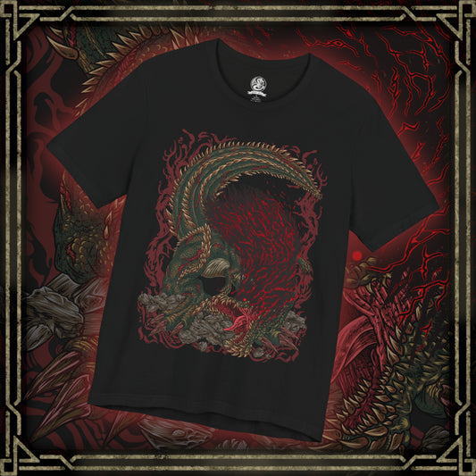 Thumbnail of a T-Shirt design of Savage Deviljho from Monster Hunter, the hyper-aggressive brute wyvern raging across a devastated battlefield as dragon energy erupts violently from its body. Its scarred green hide is split with glowing fissures while its massive jaws stretch wide in a feral roar. The design captures its uncontrollable hunger, mutated power, and the raw destruction left in its wake.