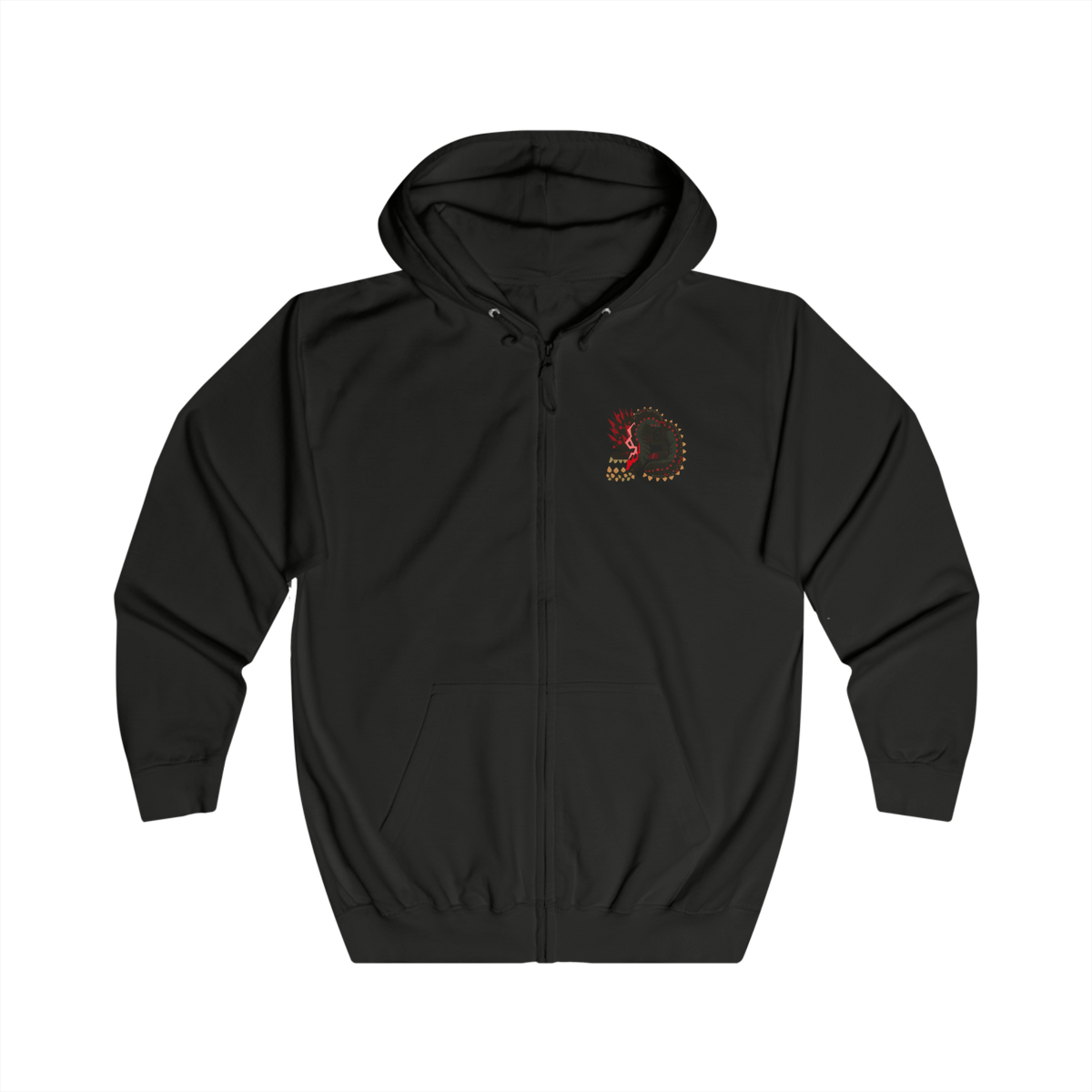Image 4 of a Zip-up hoodie featuring Savage Deviljho towering over a ruined landscape, its glowing veins radiating chaotic energy as it prepares to unleash a devastating blast. Dark clouds swirl overhead while shattered stone surrounds its massive frame. The composition emphasizes brutality, insatiable hunger, and the overwhelming presence of one of Monster Hunter’s most feared apex predators.
