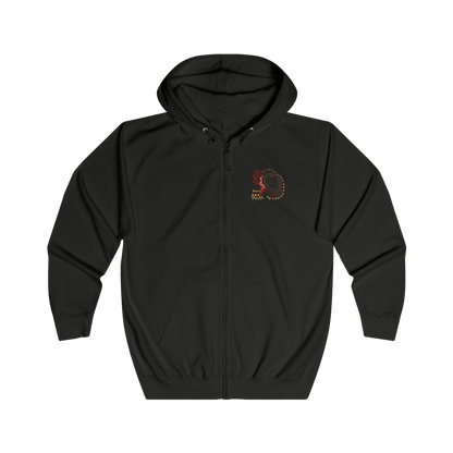 Image 4 of a Zip-up hoodie featuring Savage Deviljho towering over a ruined landscape, its glowing veins radiating chaotic energy as it prepares to unleash a devastating blast. Dark clouds swirl overhead while shattered stone surrounds its massive frame. The composition emphasizes brutality, insatiable hunger, and the overwhelming presence of one of Monster Hunter’s most feared apex predators.