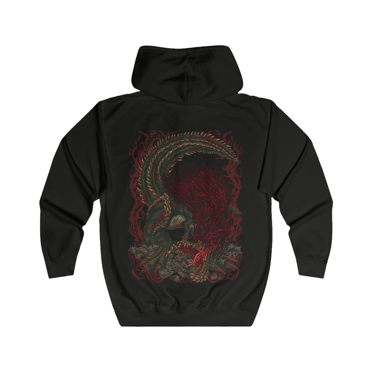 Folded Zip-up hoodie featuring Savage Deviljho towering over a ruined landscape, its glowing veins radiating chaotic energy as it prepares to unleash a devastating blast. Dark clouds swirl overhead while shattered stone surrounds its massive frame. The composition emphasizes brutality, insatiable hunger, and the overwhelming presence of one of Monster Hunter’s most feared apex predators.