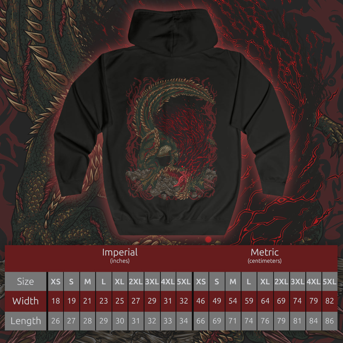 Size chart of a Zip-up hoodie featuring Savage Deviljho towering over a ruined landscape, its glowing veins radiating chaotic energy as it prepares to unleash a devastating blast. Dark clouds swirl overhead while shattered stone surrounds its massive frame. The composition emphasizes brutality, insatiable hunger, and the overwhelming presence of one of Monster Hunter’s most feared apex predators.