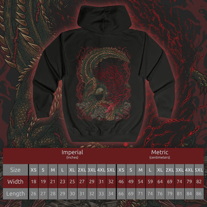 Size chart of a Zip-up hoodie featuring Savage Deviljho towering over a ruined landscape, its glowing veins radiating chaotic energy as it prepares to unleash a devastating blast. Dark clouds swirl overhead while shattered stone surrounds its massive frame. The composition emphasizes brutality, insatiable hunger, and the overwhelming presence of one of Monster Hunter’s most feared apex predators.