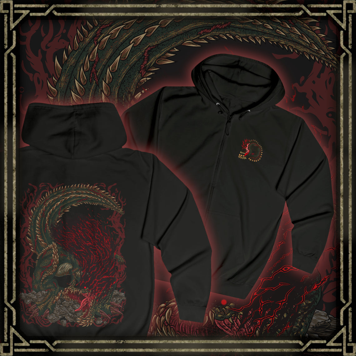 Thumbnail of a Zip-up hoodie featuring Savage Deviljho towering over a ruined landscape, its glowing veins radiating chaotic energy as it prepares to unleash a devastating blast. Dark clouds swirl overhead while shattered stone surrounds its massive frame. The composition emphasizes brutality, insatiable hunger, and the overwhelming presence of one of Monster Hunter’s most feared apex predators.