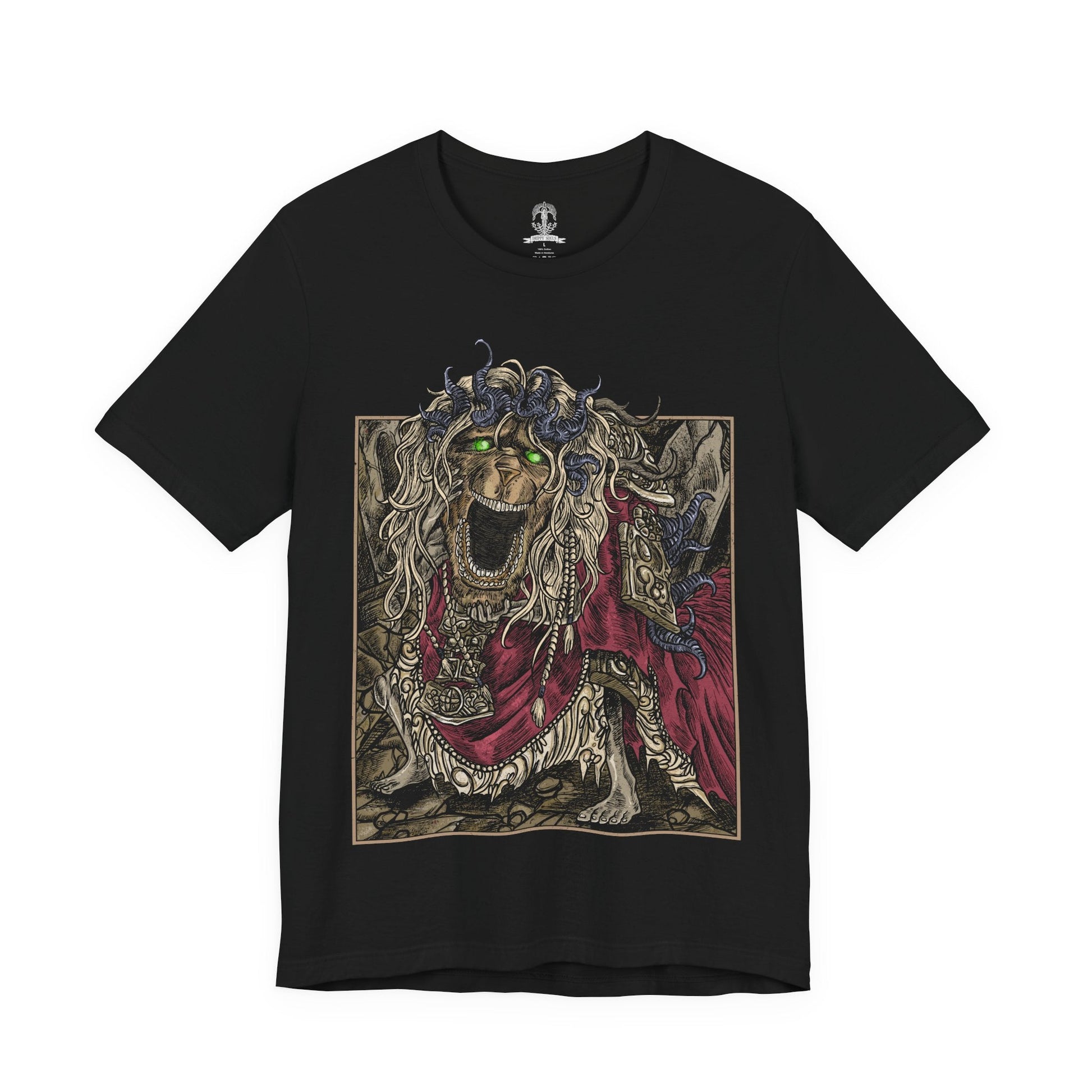 Image 4 of a T-shirt design featuring the Divine Beast Dancing Lion from Elden Ring’s Shadow of the Erdtree. This legendary boss, known for its elemental fury and lion dance-inspired movements, is depicted mid-leap with storm-infused energy swirling around. A dynamic and powerful Soulsborne-inspired fan art.