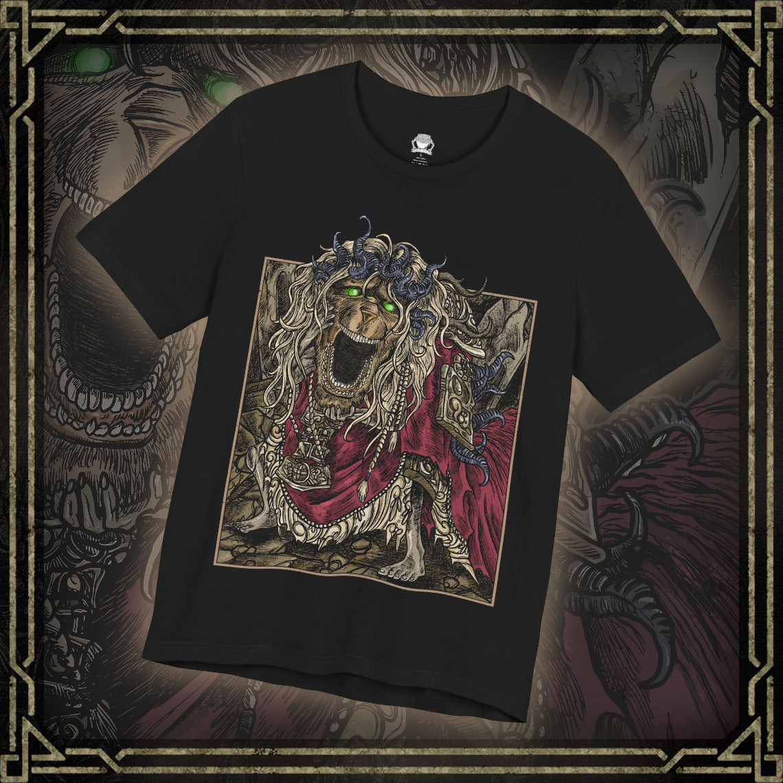 Thumbnail of a T-shirt design featuring the Divine Beast Dancing Lion from Elden Ring’s Shadow of the Erdtree. This legendary boss, known for its elemental fury and lion dance-inspired movements, is depicted mid-leap with storm-infused energy swirling around. A dynamic and powerful Soulsborne-inspired fan art.