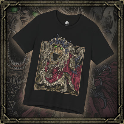 Thumbnail of a T-shirt design featuring the Divine Beast Dancing Lion from Elden Ring’s Shadow of the Erdtree. This legendary boss, known for its elemental fury and lion dance-inspired movements, is depicted mid-leap with storm-infused energy swirling around. A dynamic and powerful Soulsborne-inspired fan art.