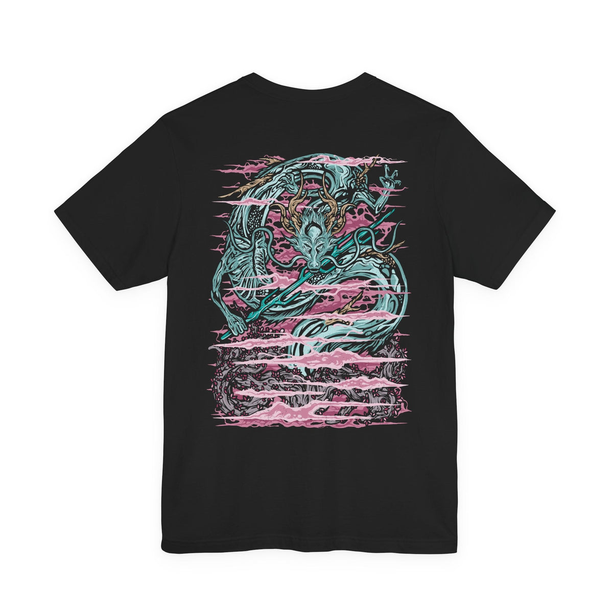 Image 5 of a T-Shirt artwork depicting the Divine Dragon towering above the clouds of the Divine Realm, its enormous pale body winding through the storm as lightning strikes around its massive form. Ancient trees and glowing cherry blossoms rise from the mist below while rain falls across the celestial landscape. The design emphasizes the dragon's divine power, immense scale, and connection to immortality.