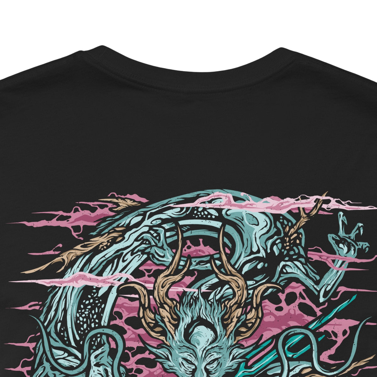 Image 7 of a T-Shirt artwork depicting the Divine Dragon towering above the clouds of the Divine Realm, its enormous pale body winding through the storm as lightning strikes around its massive form. Ancient trees and glowing cherry blossoms rise from the mist below while rain falls across the celestial landscape. The design emphasizes the dragon's divine power, immense scale, and connection to immortality.