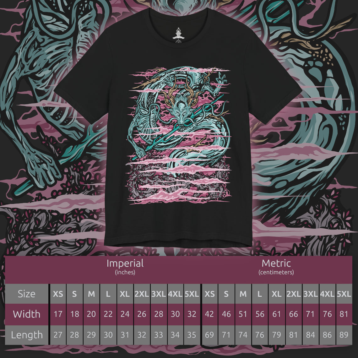 Size chart of a T-Shirt artwork depicting the Divine Dragon towering above the clouds of the Divine Realm, its enormous pale body winding through the storm as lightning strikes around its massive form. Ancient trees and glowing cherry blossoms rise from the mist below while rain falls across the celestial landscape. The design emphasizes the dragon's divine power, immense scale, and connection to immortality.