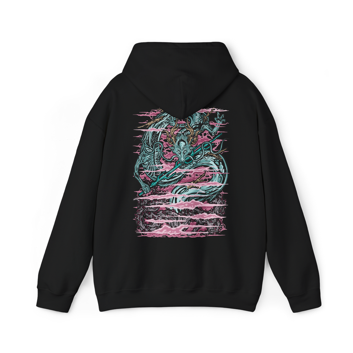 Image 5 of a Hooded Sweatshirt of the Divine Dragon rising through the stormy skies of the Divine Realm, its enormous pale body surrounded by clouds, rain, and brilliant flashes of lightning. Ancient cherry blossom trees emerge from the mist below while the celestial dragon towers above the landscape. The composition emphasizes divine power, immortality, mystery, and the ancient Dragon's Heritage.