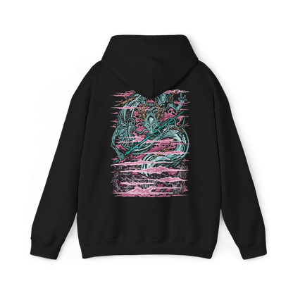 Image 5 of a Hooded Sweatshirt of the Divine Dragon rising through the stormy skies of the Divine Realm, its enormous pale body surrounded by clouds, rain, and brilliant flashes of lightning. Ancient cherry blossom trees emerge from the mist below while the celestial dragon towers above the landscape. The composition emphasizes divine power, immortality, mystery, and the ancient Dragon's Heritage.