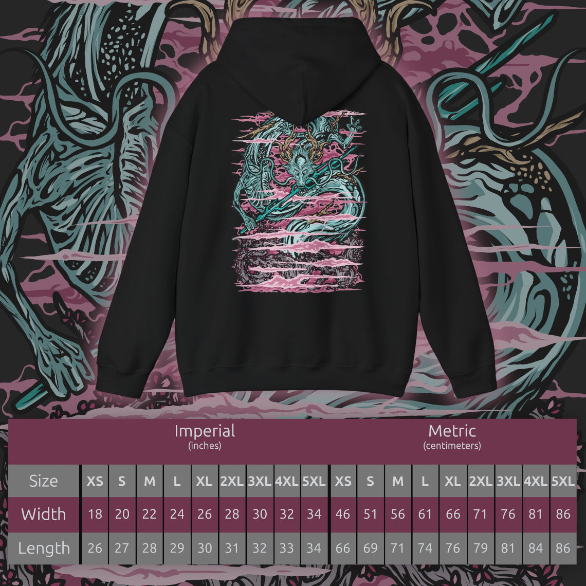 Size chart of a Hooded Sweatshirt of the Divine Dragon rising through the stormy skies of the Divine Realm, its enormous pale body surrounded by clouds, rain, and brilliant flashes of lightning. Ancient cherry blossom trees emerge from the mist below while the celestial dragon towers above the landscape. The composition emphasizes divine power, immortality, mystery, and the ancient Dragon's Heritage.