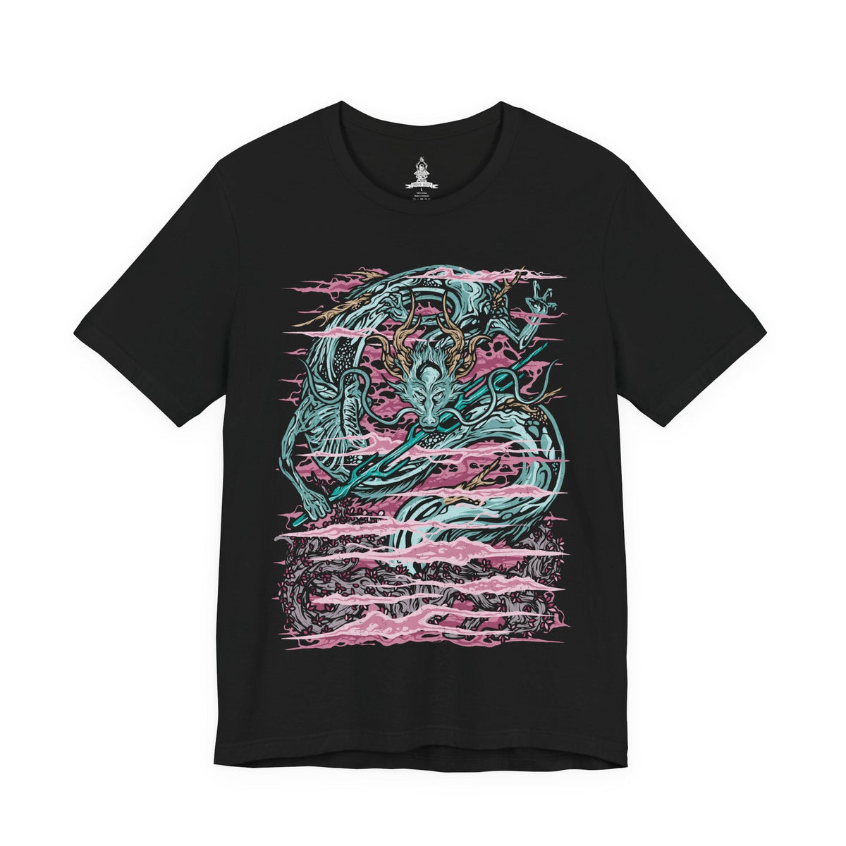 Image 4 of a T-Shirt design of the Divine Dragon from Sekiro: Shadows Die Twice, an enormous celestial dragon rising above the clouds of the Divine Realm. Its ancient body coils through the sky as lightning illuminates the surrounding clouds and luminous cherry blossoms. The design captures the dragon's immense scale, divine nature, and connection to the Dragon's Heritage.