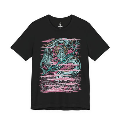Image 4 of a T-Shirt design of the Divine Dragon from Sekiro: Shadows Die Twice, an enormous celestial dragon rising above the clouds of the Divine Realm. Its ancient body coils through the sky as lightning illuminates the surrounding clouds and luminous cherry blossoms. The design captures the dragon's immense scale, divine nature, and connection to the Dragon's Heritage.