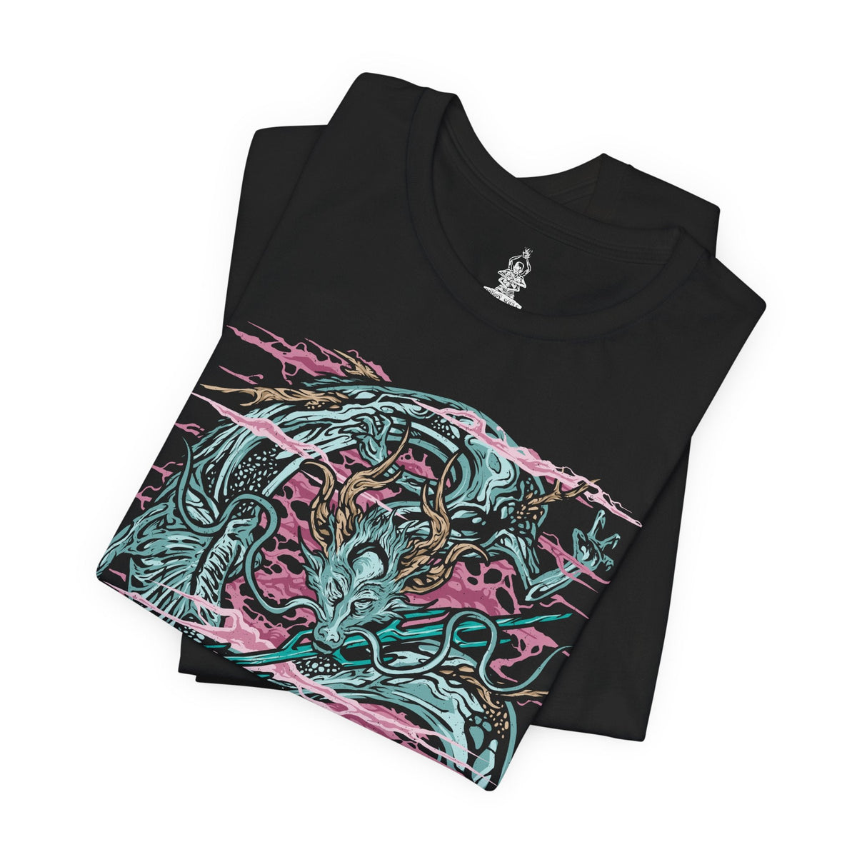 Image 5 of a T-Shirt design of the Divine Dragon from Sekiro: Shadows Die Twice, an enormous celestial dragon rising above the clouds of the Divine Realm. Its ancient body coils through the sky as lightning illuminates the surrounding clouds and luminous cherry blossoms. The design captures the dragon's immense scale, divine nature, and connection to the Dragon's Heritage.