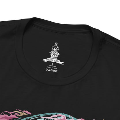 Folded T-Shirt design of the Divine Dragon from Sekiro: Shadows Die Twice, an enormous celestial dragon rising above the clouds of the Divine Realm. Its ancient body coils through the sky as lightning illuminates the surrounding clouds and luminous cherry blossoms. The design captures the dragon's immense scale, divine nature, and connection to the Dragon's Heritage.