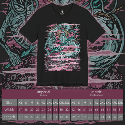 Size chart of a T-Shirt design of the Divine Dragon from Sekiro: Shadows Die Twice, an enormous celestial dragon rising above the clouds of the Divine Realm. Its ancient body coils through the sky as lightning illuminates the surrounding clouds and luminous cherry blossoms. The design captures the dragon's immense scale, divine nature, and connection to the Dragon's Heritage.