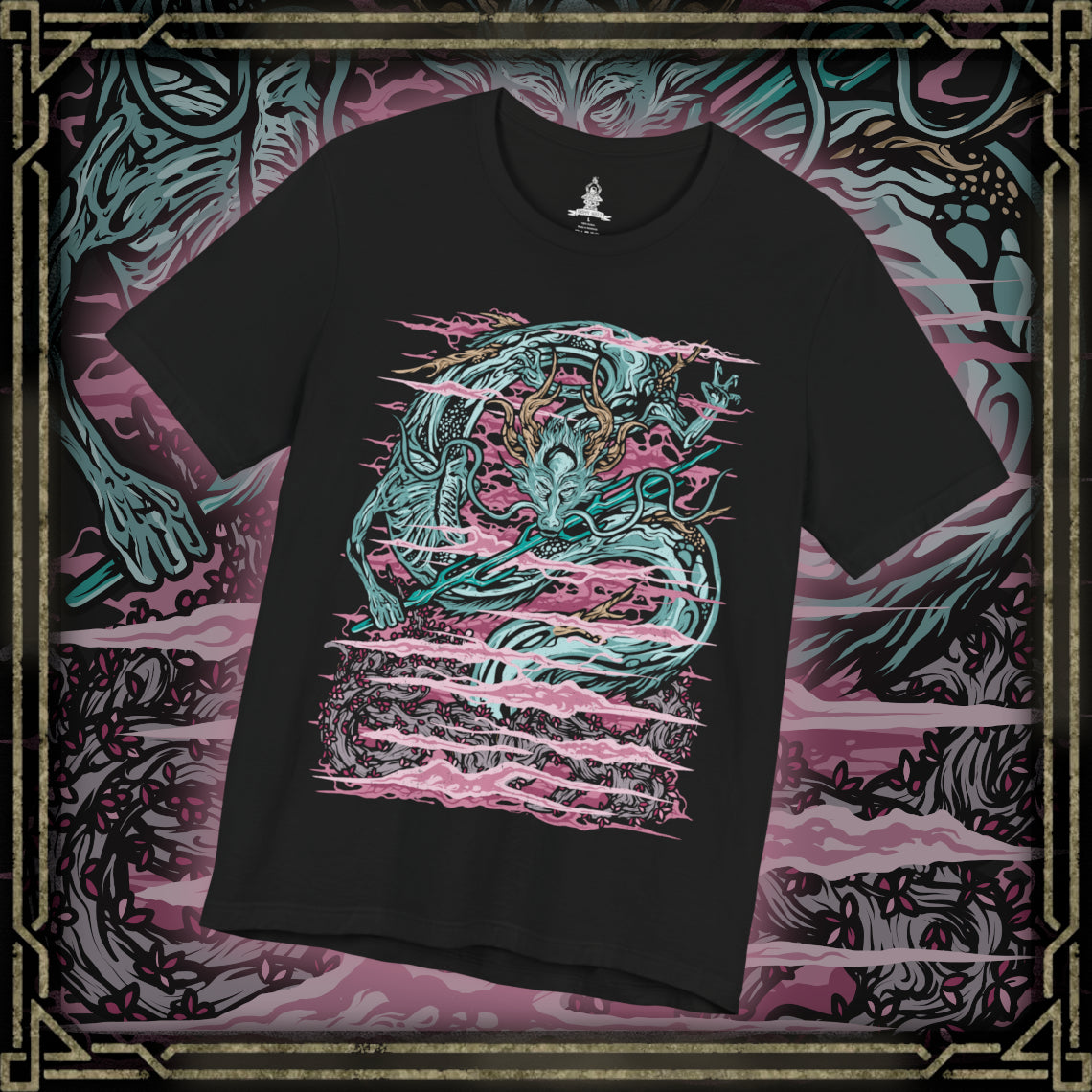 Thumbnail of a T-Shirt design of the Divine Dragon from Sekiro: Shadows Die Twice, an enormous celestial dragon rising above the clouds of the Divine Realm. Its ancient body coils through the sky as lightning illuminates the surrounding clouds and luminous cherry blossoms. The design captures the dragon's immense scale, divine nature, and connection to the Dragon's Heritage.