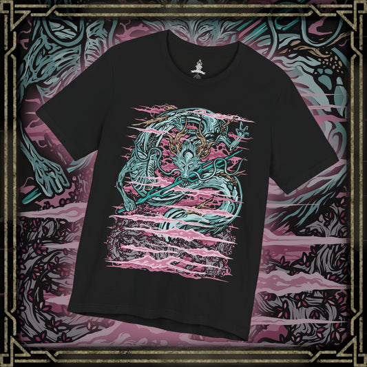 Thumbnail of a T-Shirt design of the Divine Dragon from Sekiro: Shadows Die Twice, an enormous celestial dragon rising above the clouds of the Divine Realm. Its ancient body coils through the sky as lightning illuminates the surrounding clouds and luminous cherry blossoms. The design captures the dragon's immense scale, divine nature, and connection to the Dragon's Heritage.