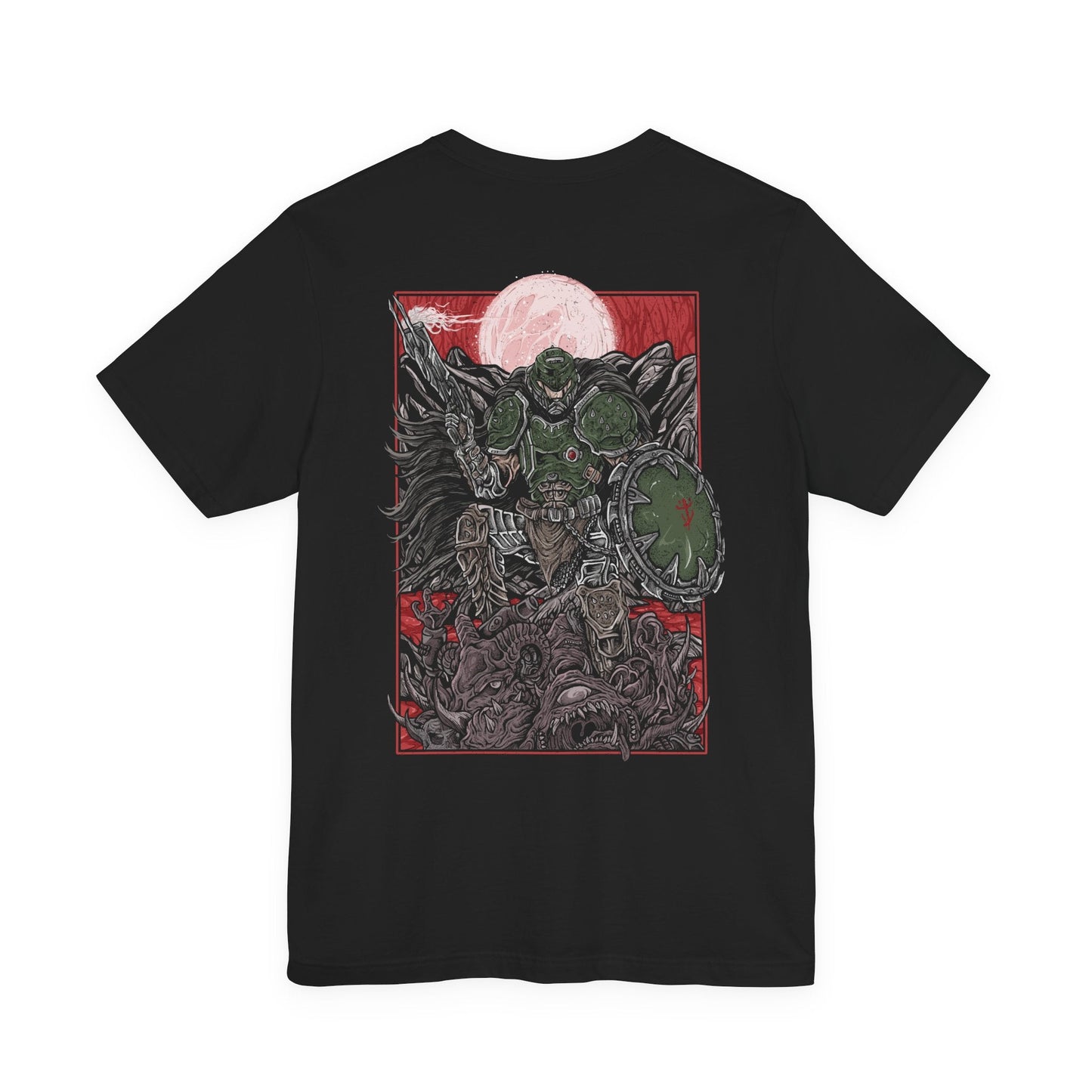 Image 5 of a T-shirt artwork depicting the Doom Slayer charging through a war-torn medieval landscape, crushing demons beneath armored boots while wielding ancient, rune-etched weapons. Castles burn in the distance as portals to Hell tear open across the sky. This design reflects relentless aggression, apocalyptic warfare, and the Slayer’s eternal crusade against the forces of darkness.