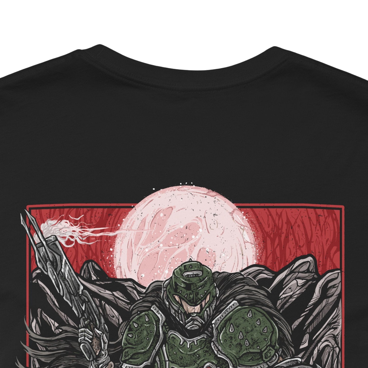 Image 7 of a T-shirt artwork depicting the Doom Slayer charging through a war-torn medieval landscape, crushing demons beneath armored boots while wielding ancient, rune-etched weapons. Castles burn in the distance as portals to Hell tear open across the sky. This design reflects relentless aggression, apocalyptic warfare, and the Slayer’s eternal crusade against the forces of darkness.