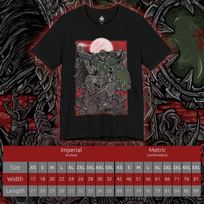 Size chart of a T-shirt artwork depicting the Doom Slayer charging through a war-torn medieval landscape, crushing demons beneath armored boots while wielding ancient, rune-etched weapons. Castles burn in the distance as portals to Hell tear open across the sky. This design reflects relentless aggression, apocalyptic warfare, and the Slayer’s eternal crusade against the forces of darkness.