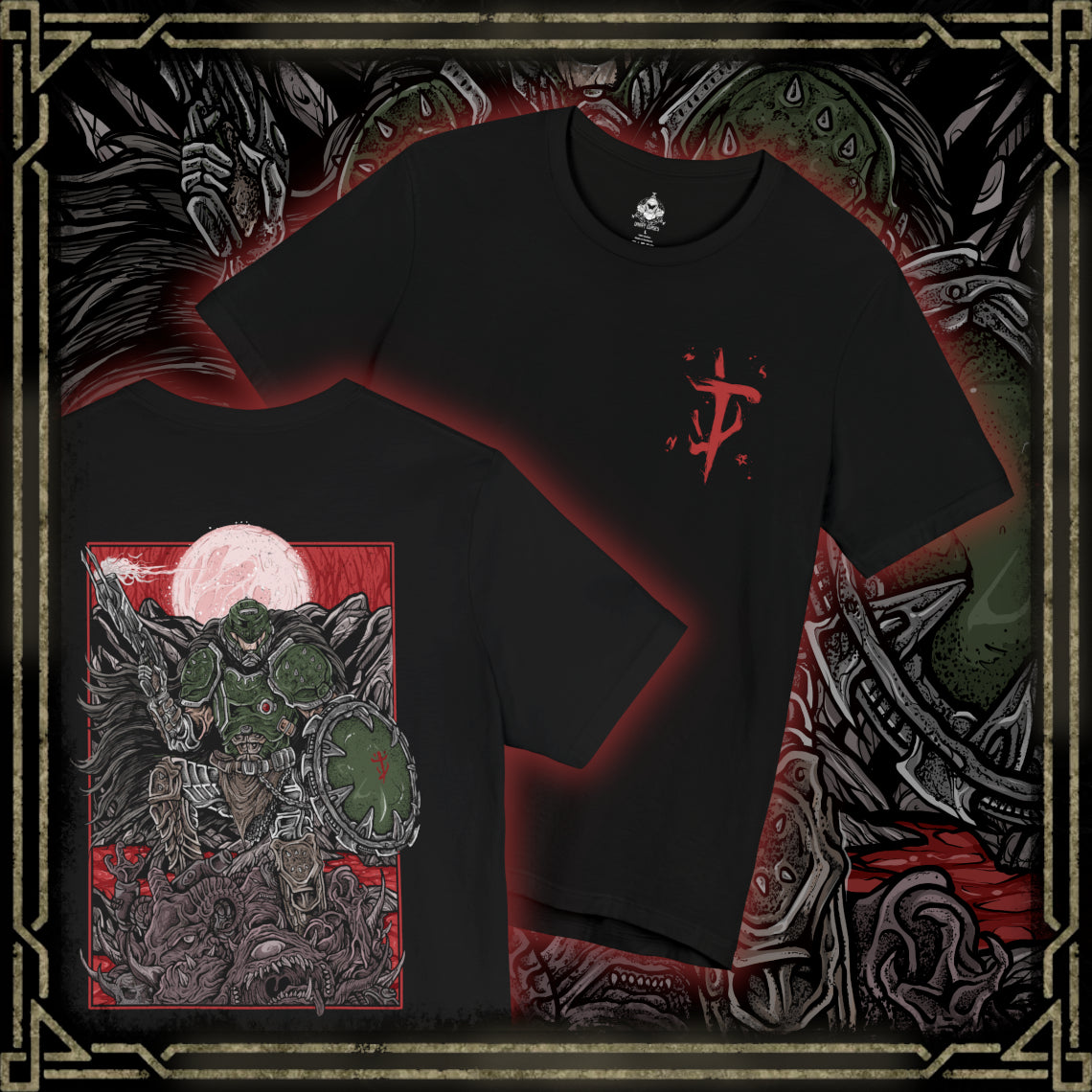 Thumbnail of a T-shirt artwork depicting the Doom Slayer charging through a war-torn medieval landscape, crushing demons beneath armored boots while wielding ancient, rune-etched weapons. Castles burn in the distance as portals to Hell tear open across the sky. This design reflects relentless aggression, apocalyptic warfare, and the Slayer’s eternal crusade against the forces of darkness.