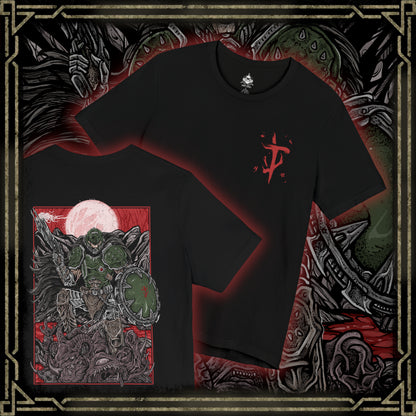 Thumbnail of a T-shirt artwork depicting the Doom Slayer charging through a war-torn medieval landscape, crushing demons beneath armored boots while wielding ancient, rune-etched weapons. Castles burn in the distance as portals to Hell tear open across the sky. This design reflects relentless aggression, apocalyptic warfare, and the Slayer’s eternal crusade against the forces of darkness.
