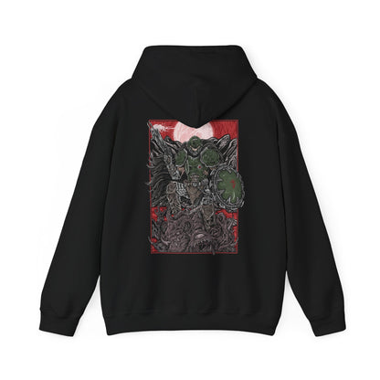 Image 5 of a Hooded Sweatshirt of the Doom Slayer standing victorious over fallen demons in a gothic battlefield, his armor scarred and glowing with hellish energy. Massive weapons and medieval siege ruins surround him as flames rise into a storm-filled sky. The composition emphasizes power, brutality, and the primal war between humanity and Hell reimagined in a dark age setting.